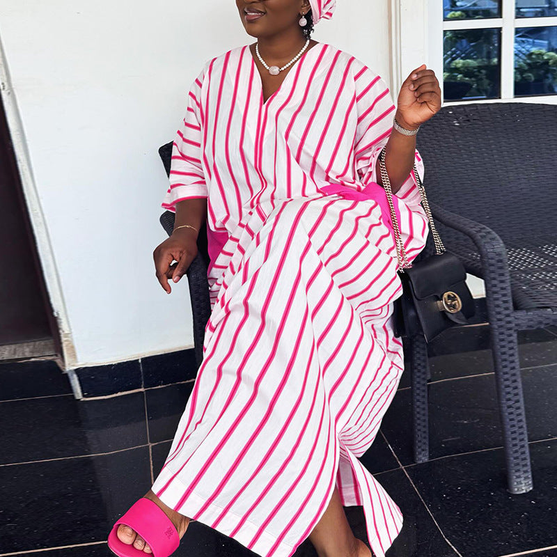 European and american cross-border women's fashion:  autumn/winter v-neck pink striped short-sleeve loose fit long plus size dress