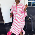 European and american cross-border women's fashion:  autumn/winter v-neck pink striped short-sleeve loose fit long plus size dress
