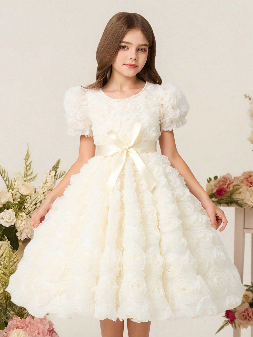 Girls' dress (sizes for mid-to-large children), 3d rose embellished dress + bow belt