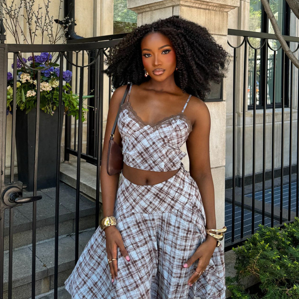 European and american cross-border women's fashion:  summer new collection - chic and elegant plaid cami top with asymmetrical midi skirt set