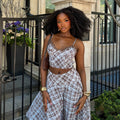 European and american cross-border women's fashion:  summer new collection - chic and elegant plaid cami top with asymmetrical midi skirt set