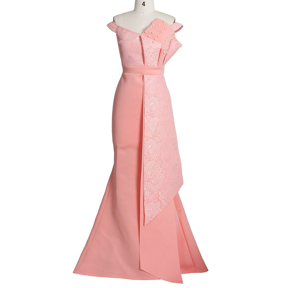 spring/summer new arrival: cross-border ins style irregular lace off-the-shoulder handmade ruffle beaded bodycon dress