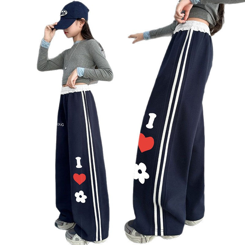Girls'  fleece-lined casual autumn new arrivals: wide-leg pants for girls, heart-patterned sweatpants for students, loose-fit pants for mid-to-large children