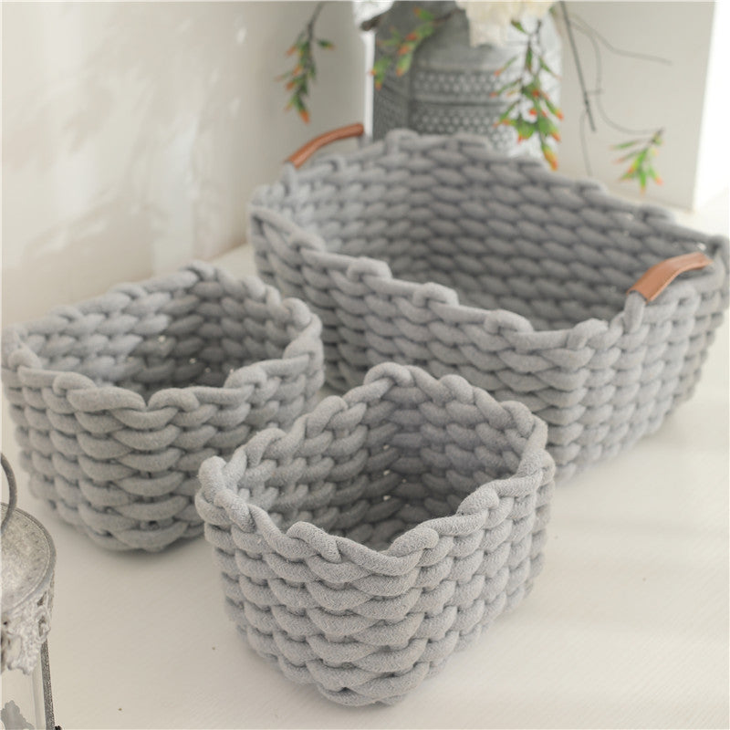 Leather handle twin sundries with handle cotton rope woven storage basket size cosmetics lipstick storage box eyeshadow