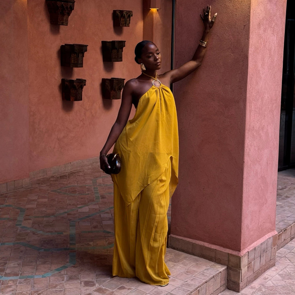 african women's fashion:  summer new collection - halter neck sleeveless irregular top & wide leg pants set