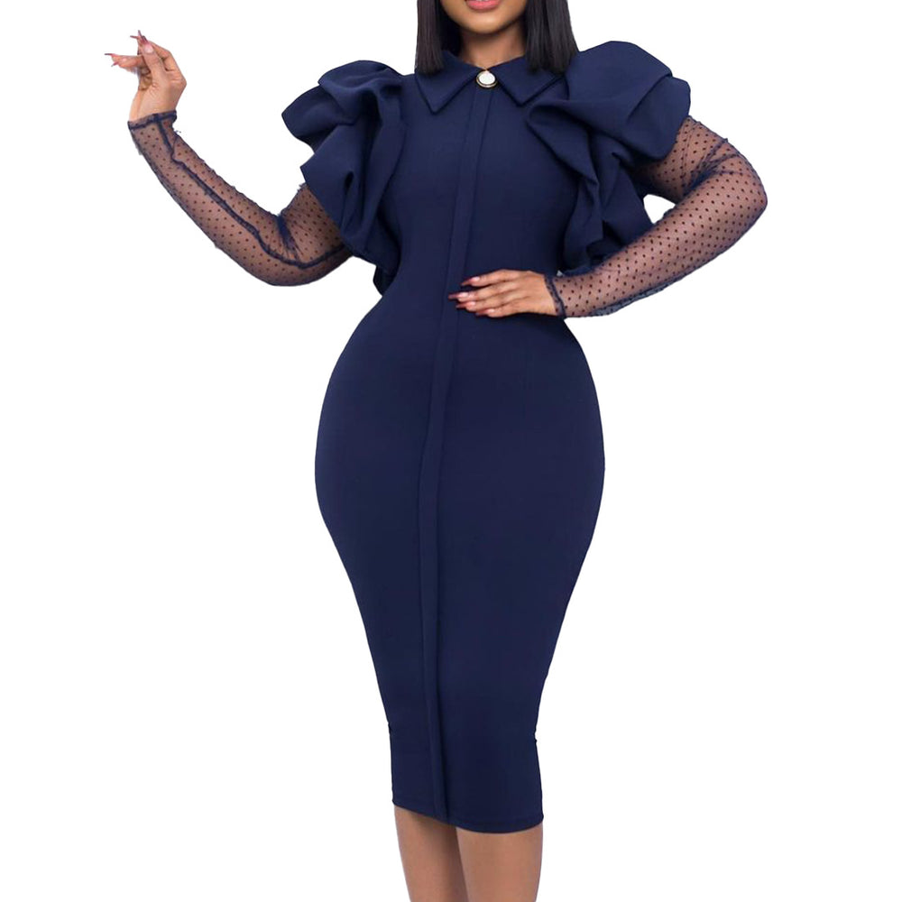 Q095 european and american autumn/winter new women's cross-border mesh patchwork pleated ol elegant commute plus size african dress