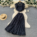 French chic two-piece set: women's gentle style round neck ruffle trim heart print top + high-waisted flared midi skirt