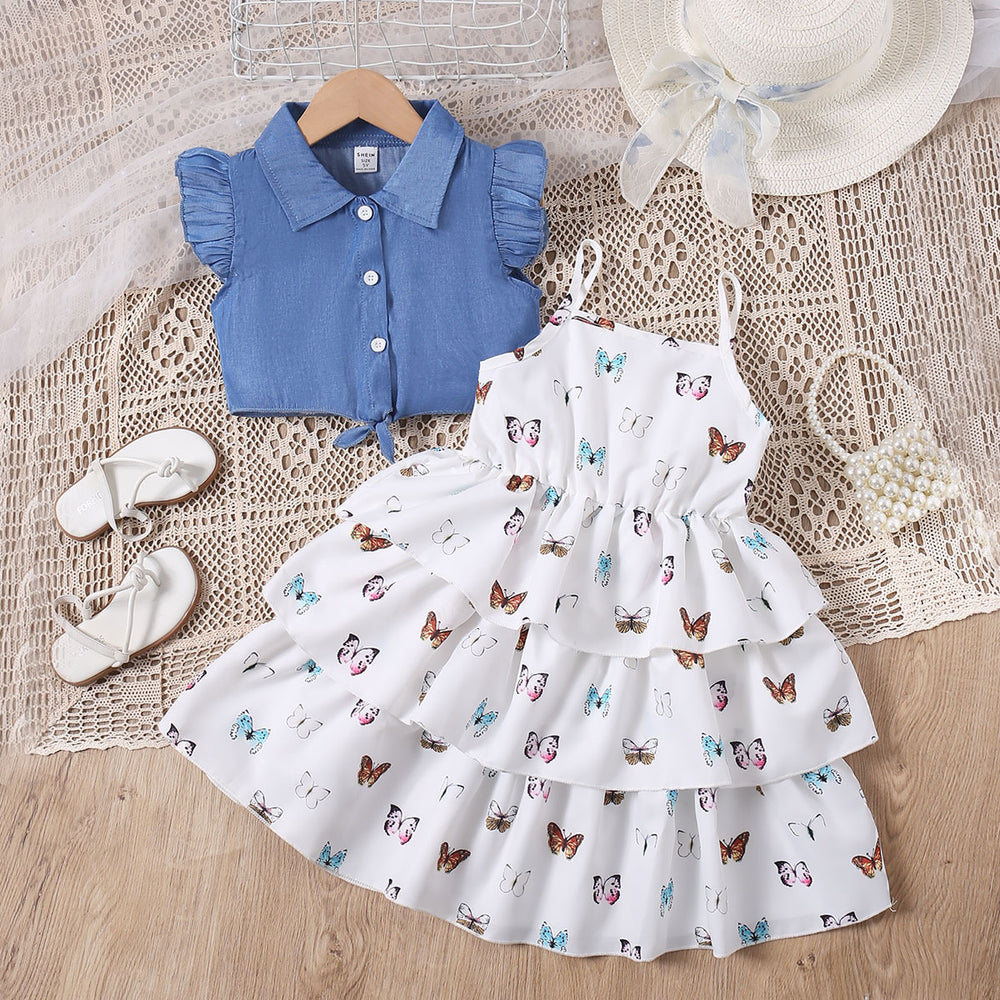 exclusive supply of youxiaofei sleeve denim vest + suspender dress cake skirt girlsuittwo-piece set