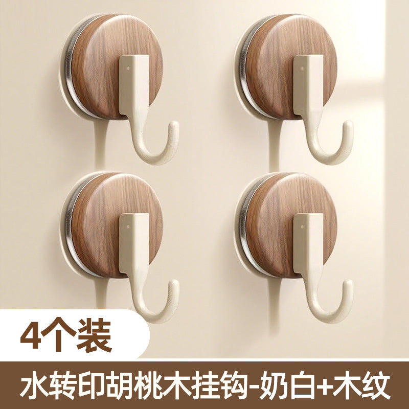 Walnut wood grain suction cup hooks - no drilling, heavy duty, over-the-door organizer for backpacks, hats, bathroom storage