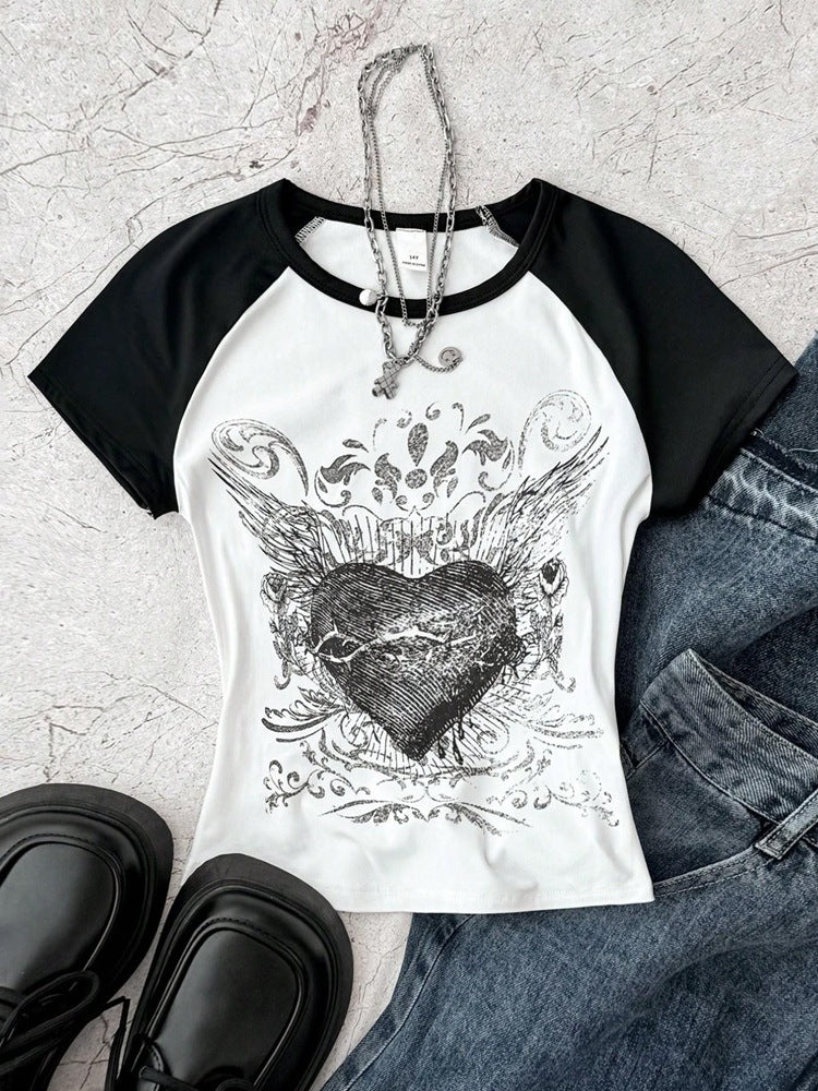Girls' american retro fashion heart print raglan sleeve black and white color block cropped slim fit top t-shirt