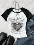 Girls' american retro fashion heart print raglan sleeve black and white color block cropped slim fit top t-shirt