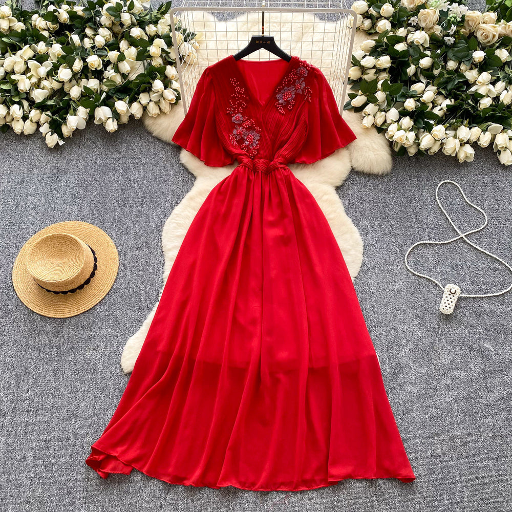 French retro chic v-neck dress - women's summer pleated, beaded, and crinkled design - mature and elegant maxi dress