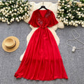 French retro chic v-neck dress - women's summer pleated, beaded, and crinkled design - mature and elegant maxi dress