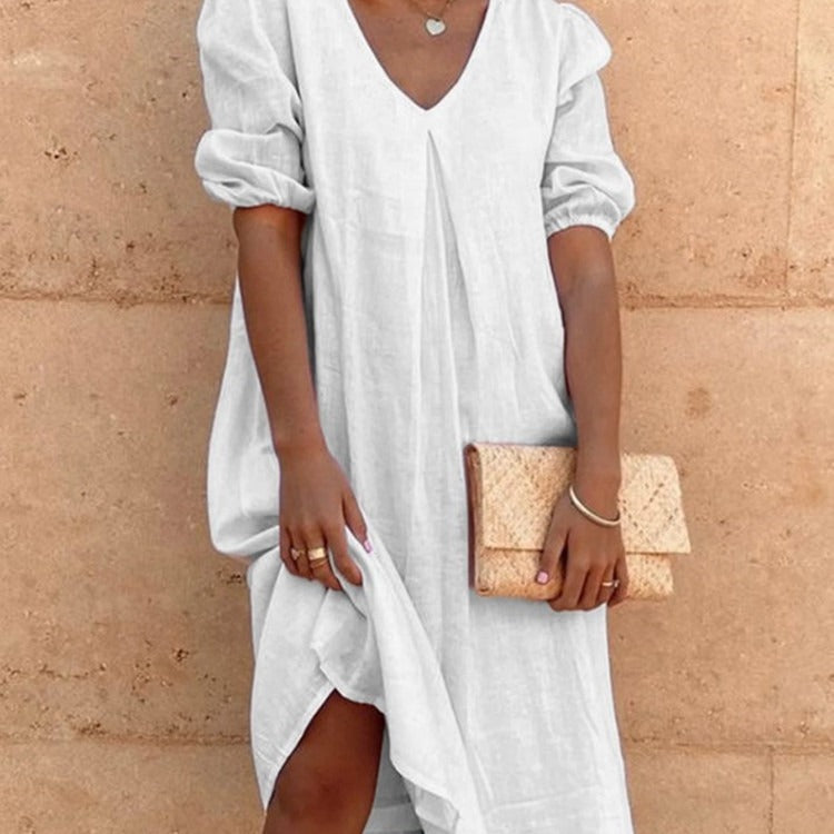 european and american cross-border   cotton linen solid color fashion mid-length long sleeve casual midi dress