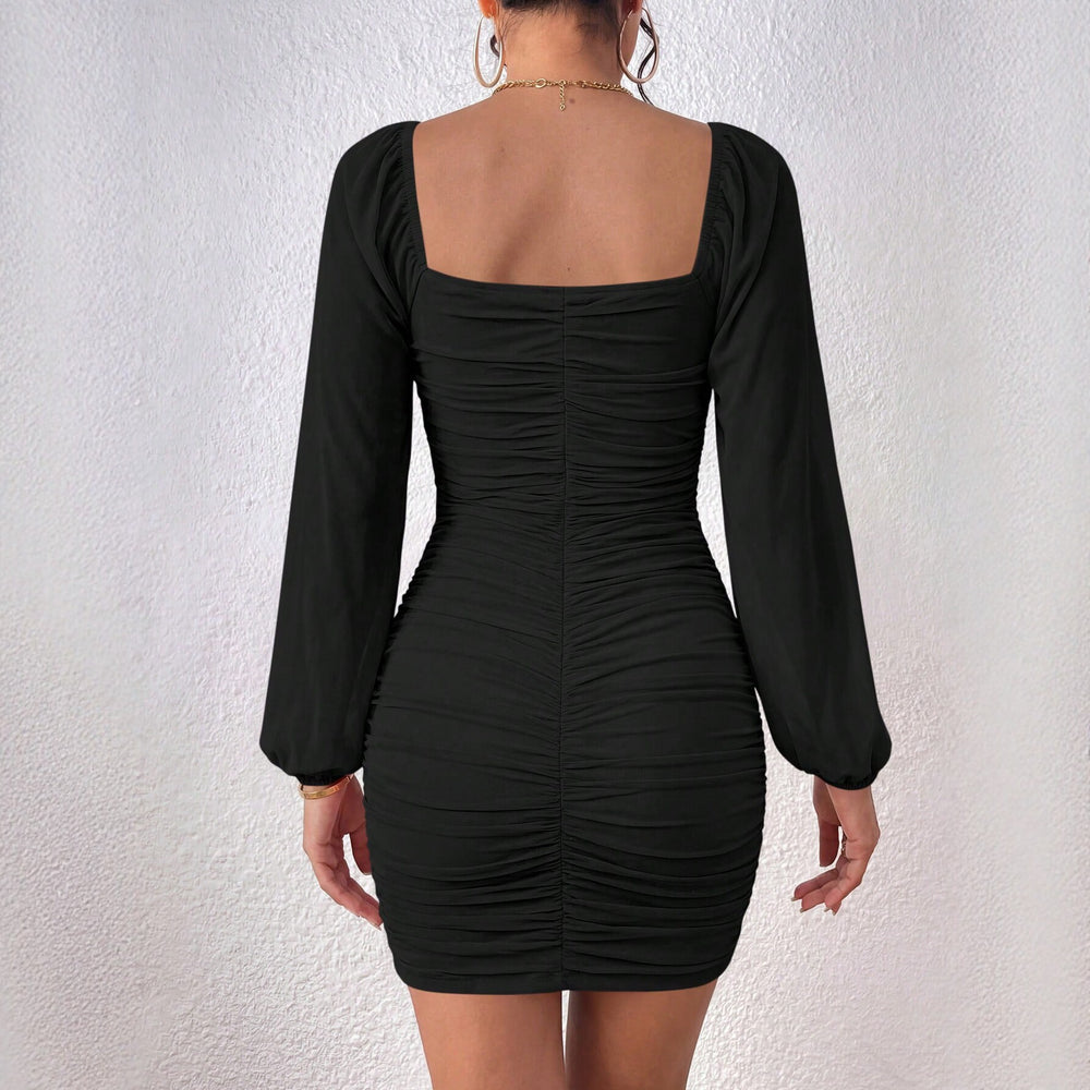 fashionnew arrival square neck pleated hip-hugging dress bubble long sleeves silmslimming look hot girl style short skirt