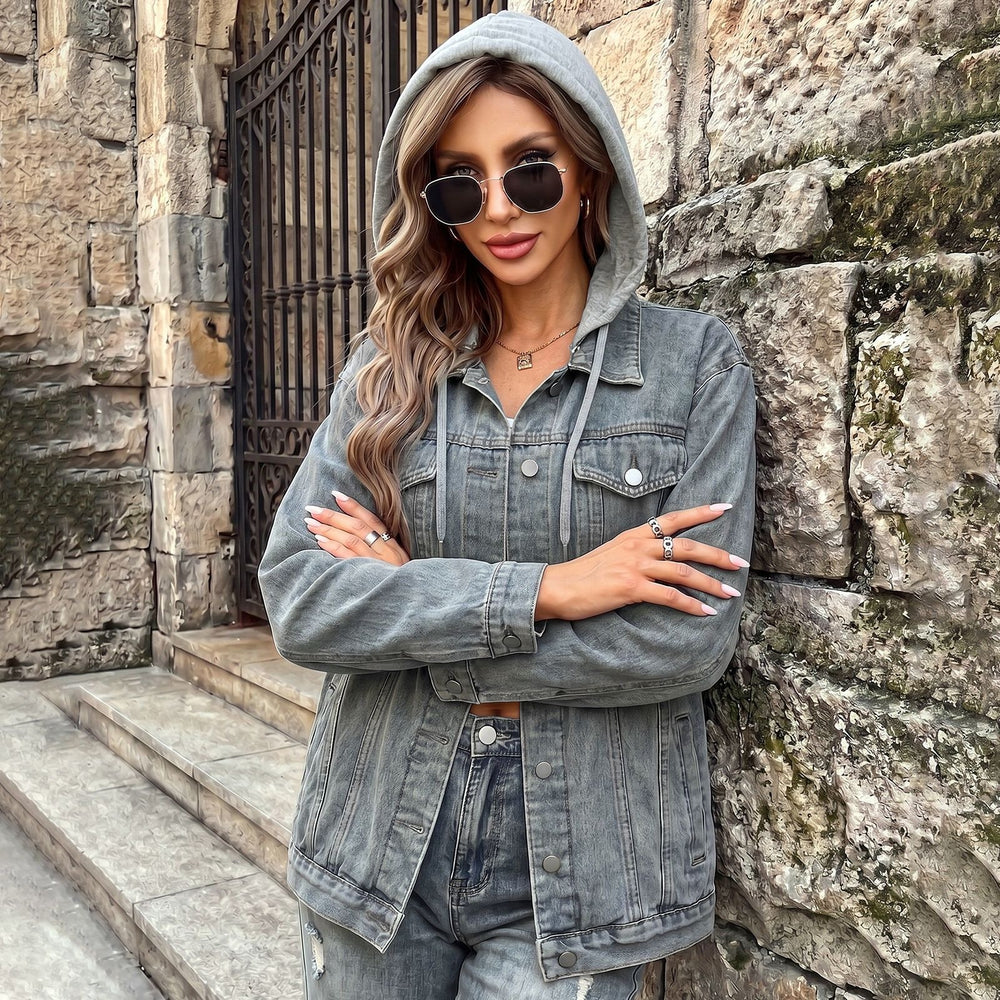 Fashion cross-border foreign trade  lapel long sleeves single breasted double flap pocket pantsloosetrendyeasiest for match denim outwear women