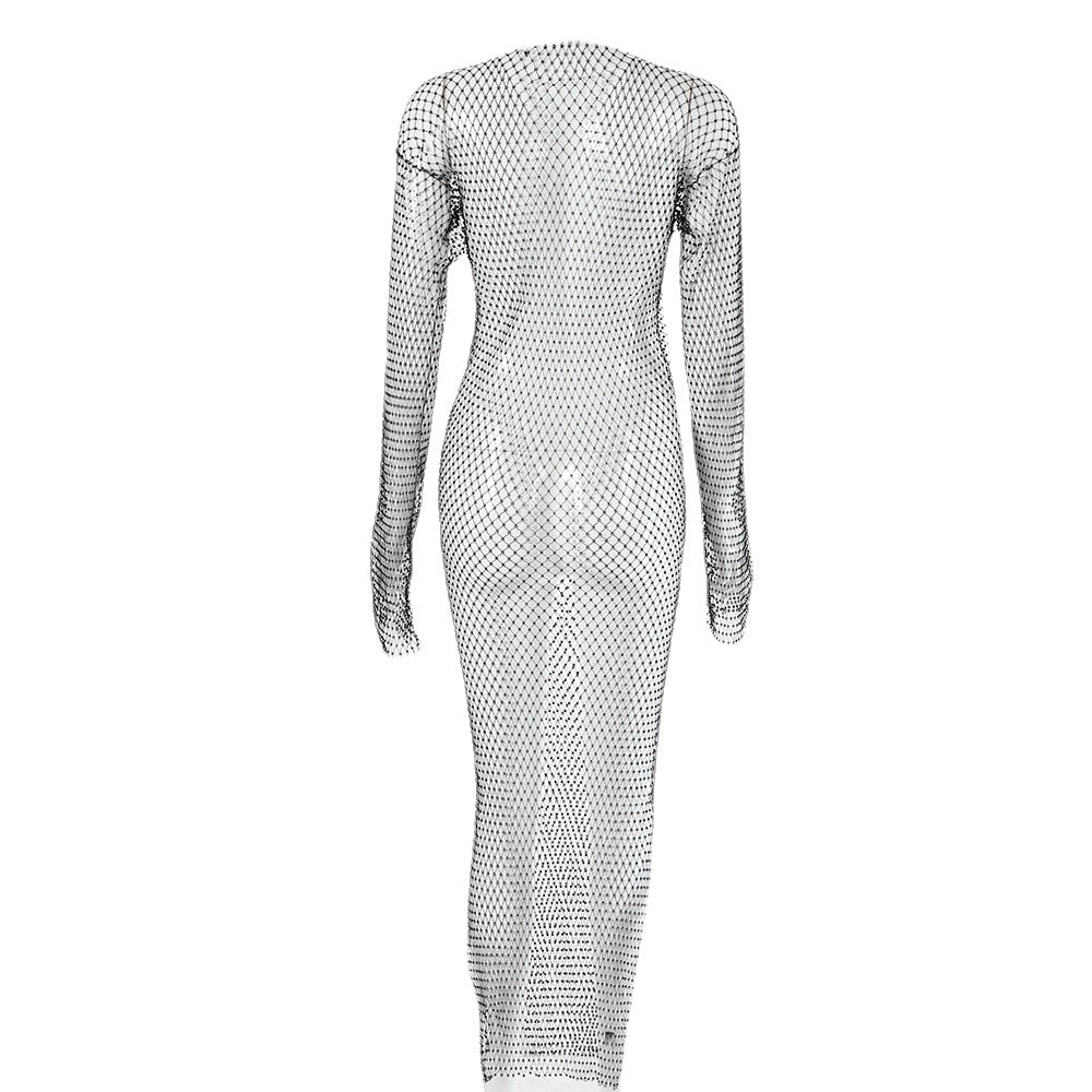 European and American sexy women's clothing autumn new 2022  hot-selling solid color fishing net grid flash diamond round neck split dress