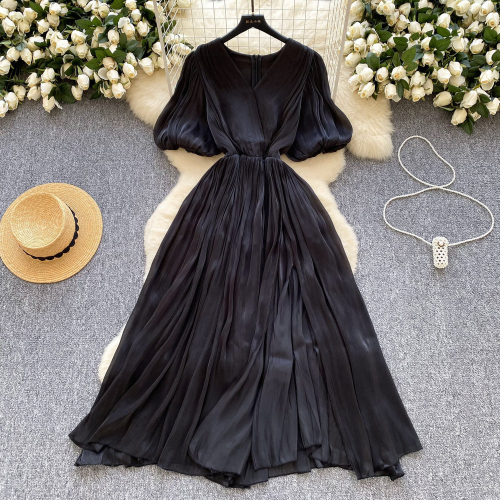 Summer french chic elegant puff sleeve short-sleeve dress v-neck pleated waist flared maxi dress with belt