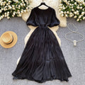 Summer french chic elegant puff sleeve short-sleeve dress v-neck pleated waist flared maxi dress with belt