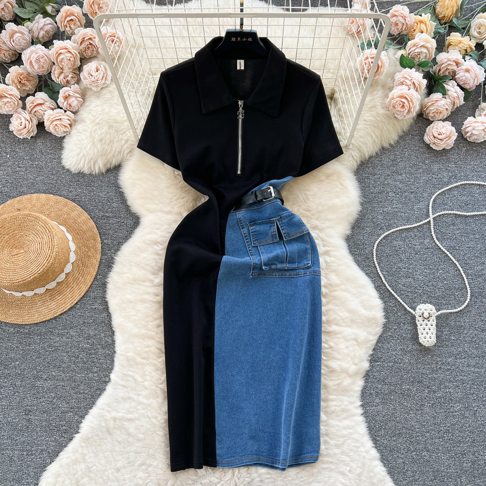 Chic hong kong style retro denim dress - women's designer color block slim fit midi dress with short sleeves - elegant and stylish