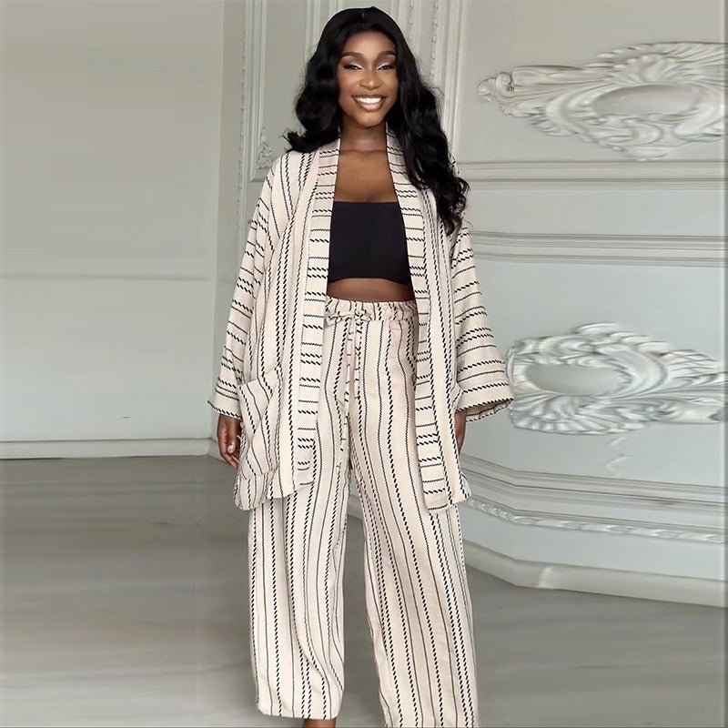 European and American  women's clothing 2025 autumn new fashion casual striped loose cardigan high waist wide leg pants set