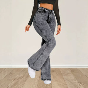 European and american washed gray high-waisted flared jeans for women, stretchy, slimming, height-enhancing, vintage distressed flared pants, a cross-border bestseller