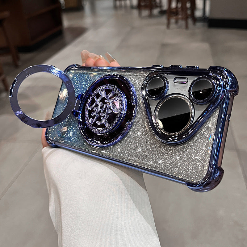 Suitable for huawei mate80 mobile phone case, rotating gyro bracket, honor p80pro electroplated four-corner glitter shell