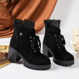 autumn/winter short boots - plus size, high heel, chunky heel, round toe, lace trim, lace-up, back zipper, platform, ethnic style