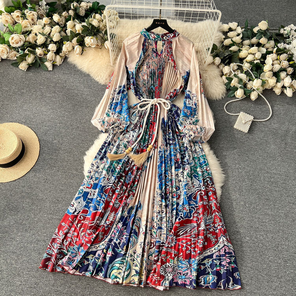 European and american retro court style design printed long dress with heavy pleating, puff sleeves, and pleated skirt - spring collection for women