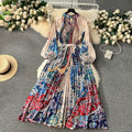 European and american retro court style design printed long dress with heavy pleating, puff sleeves, and pleated skirt - spring collection for women