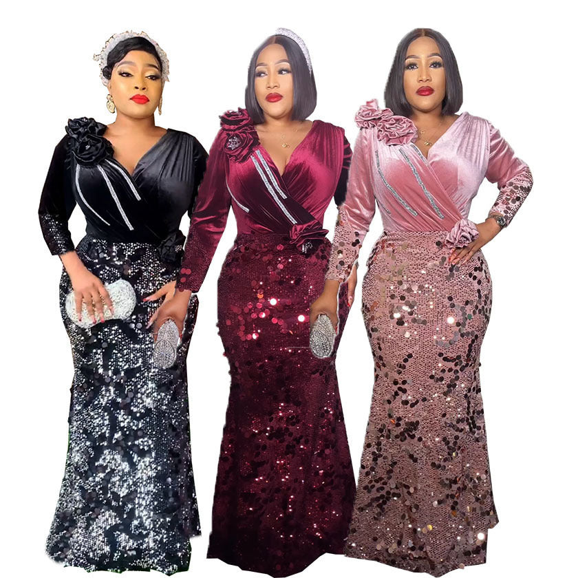 sourcing: luxury african fashion slim-fit korean velvet sequin evening gown dress