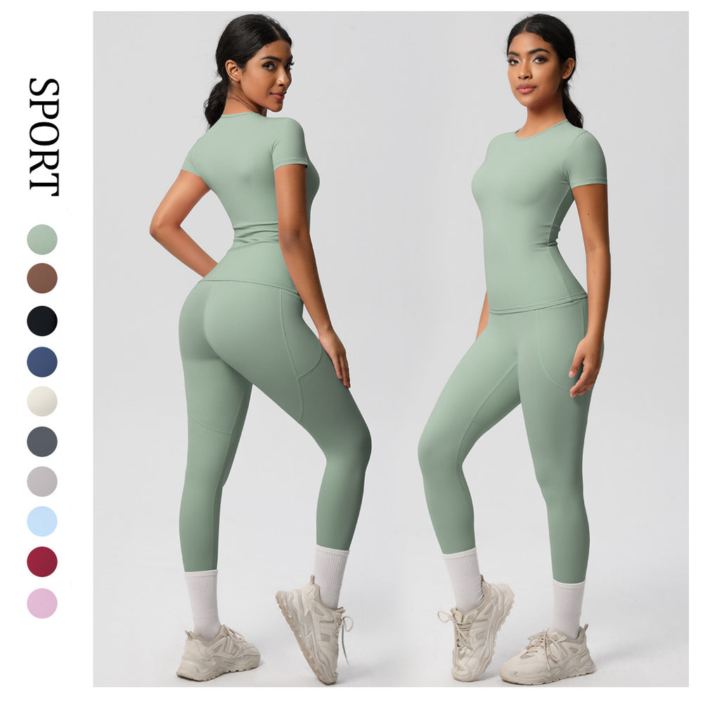 European and american solid color nude feel brushed short-sleeve yoga top and high-waisted butt-lifting fitness leggings quick-dry running workout set