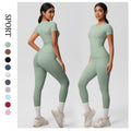 European and american solid color nude feel brushed short-sleeve yoga top and high-waisted butt-lifting fitness leggings quick-dry running workout set