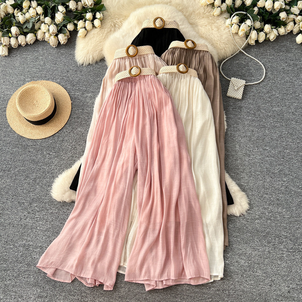 Lazy style high waist woven belt loose wide leg pants for women spring and summer drape slimming look cover crotch loosecasual pants