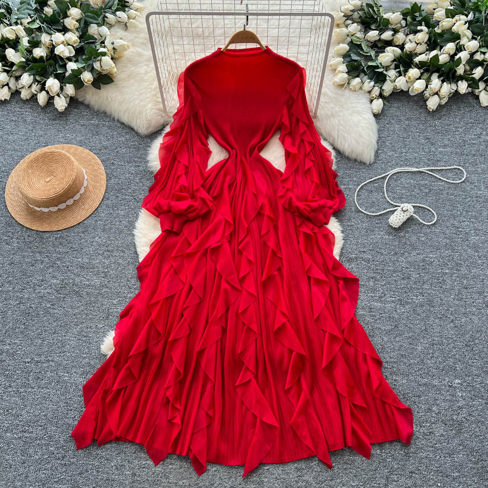 Miya european and american dress women's  autumn high-end slimming waist ruffle lantern sleeve pleated maxi dress