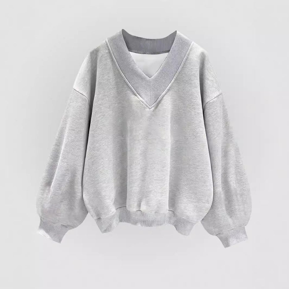 Amazon cross-border foreign trade autum gray sweatshirt short-sleeved k-stylecasualloosev necktopsplaidlong sleeves