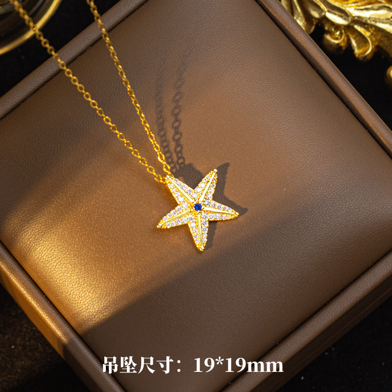 European and american cross-border popular titanium steel five-pointed star necklace for women, light luxury full diamond, high-end copper, slightly inlaid sweater chain jewelry