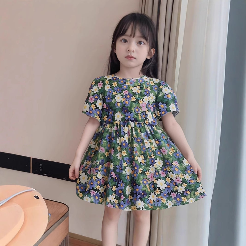 New cotton silk girls' princess dress - summer floral print kids' beach dress - summer camisole top