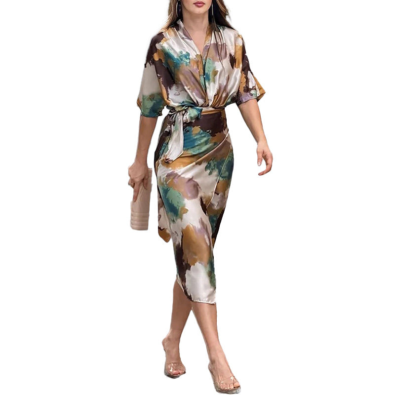 cross-border e-commerce women's fashion: european and american summer new arrivals - elegant and chic printed v-neck tie-waist dress