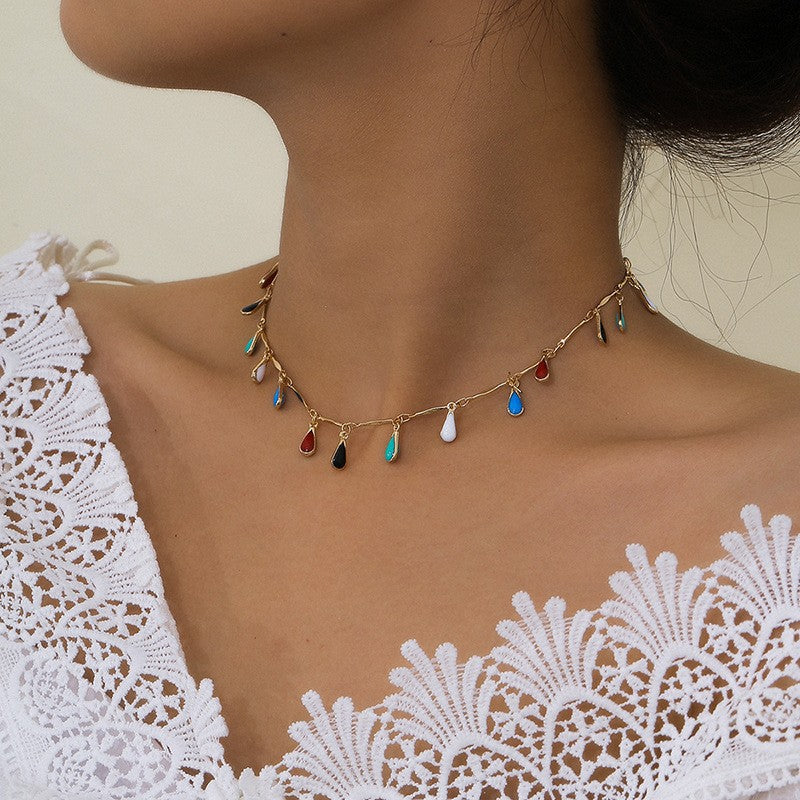 Fashion cross-border jewelry creative handmade fresh necklace female painting oil small pendant straight stick hanging mixed cut dripping oil clavicle chain