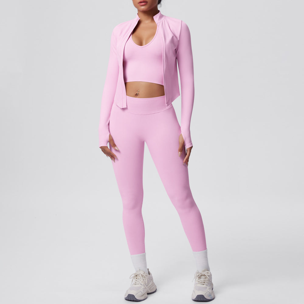 New solid color knitted compression seamless yoga set - quick-dry, breathable, outdoor casual running & fitness 3-piece set