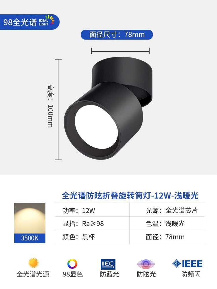 Full spectrum surface mounted downlight spotlight - no drilling, adjustable angle, bedroom ceiling light, folding hallway light, small light for home entrance
