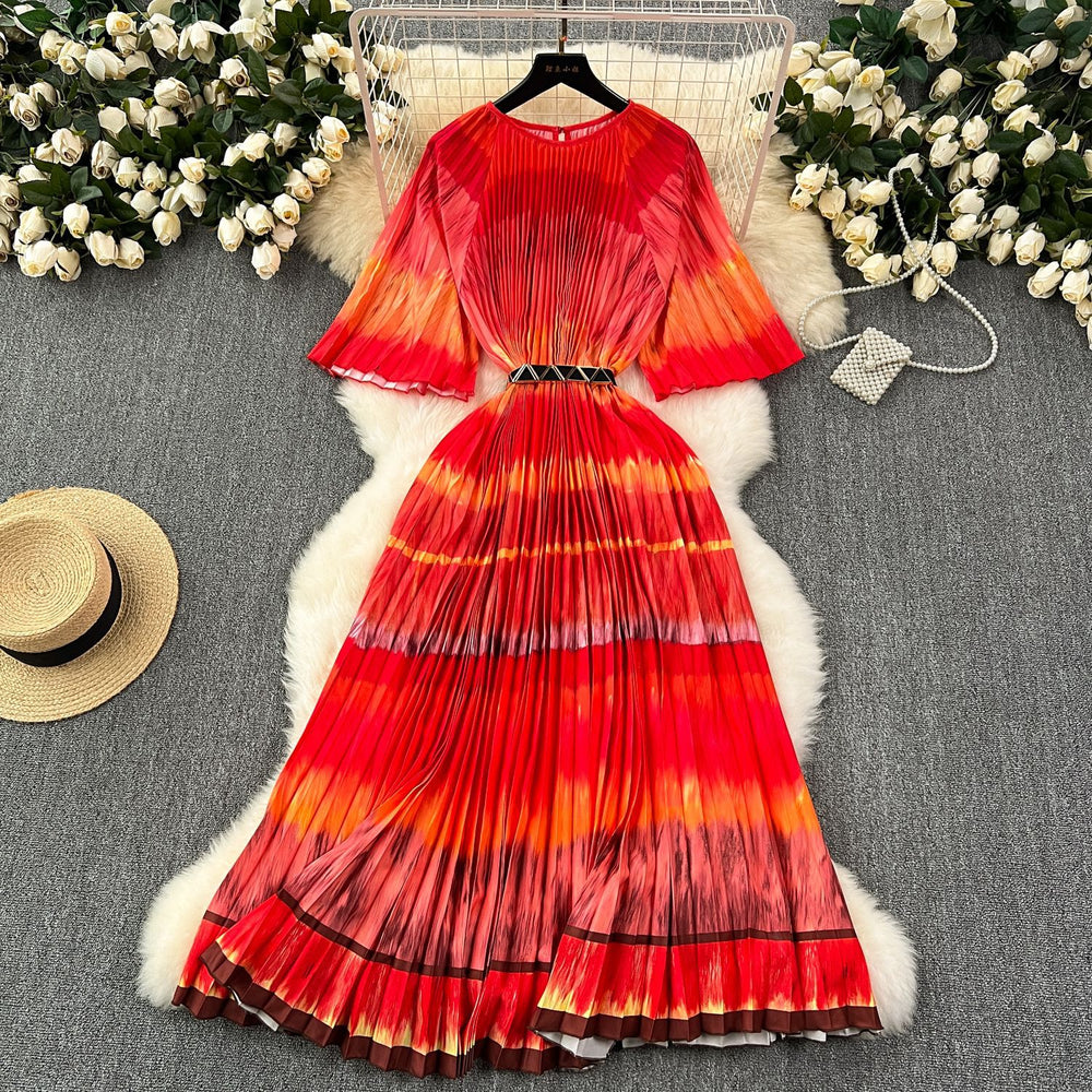 European and american retro court style design printed long dress with heavy pleating, puff sleeves, and pleated skirt - spring collection for women