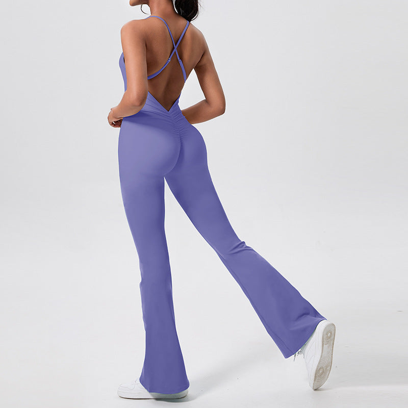 Pink hip lifting one-piece yoga wear wide leg flare jumpsuit women's cross back sports jumpsuit  new style