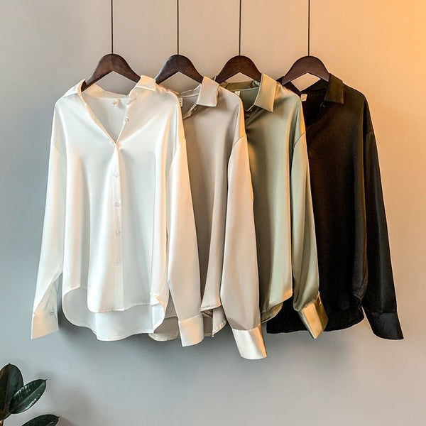 Long-sleeved satin shirt women's design sense niche 2024 spring and summer new loose drape outside Hong Kong style shirt top