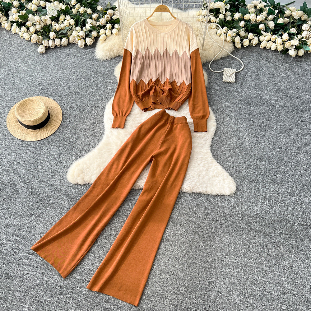 Korean style casual fashion color block crew neck long sleeve knit top women's autumn/winter high waist slimming wide leg pants sweater set