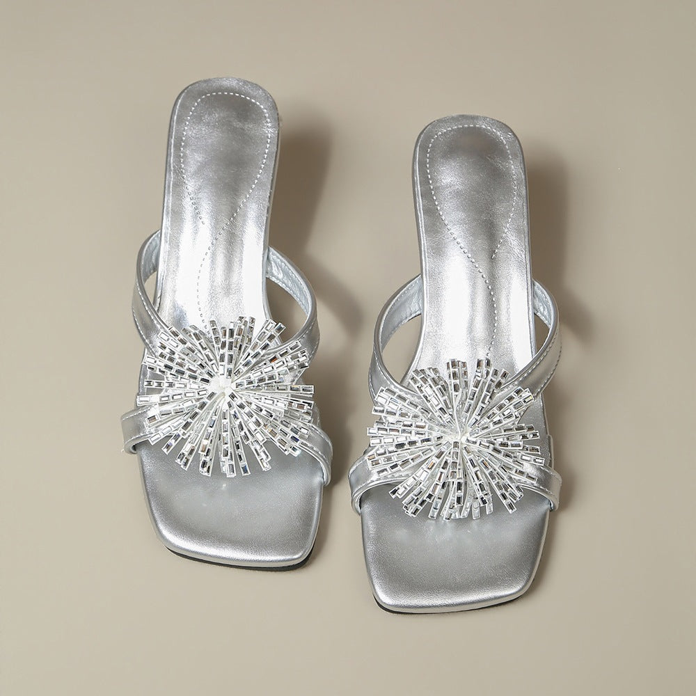2026new arrival crystal fireworks fairy shoes thick heel sandals outwear sandals women's shoes fashionelegant one-line slippers