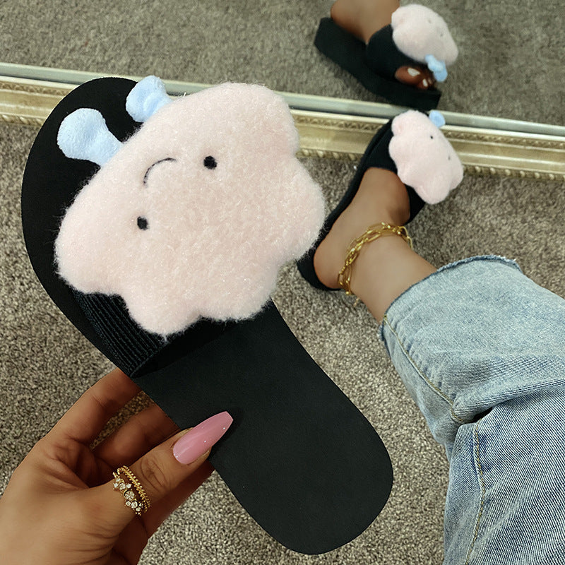 Plus size women's slippers for export, spring/summer 2024 new collection: elephant-themed chunky platform wedge slides, cartoon casual flip-flops