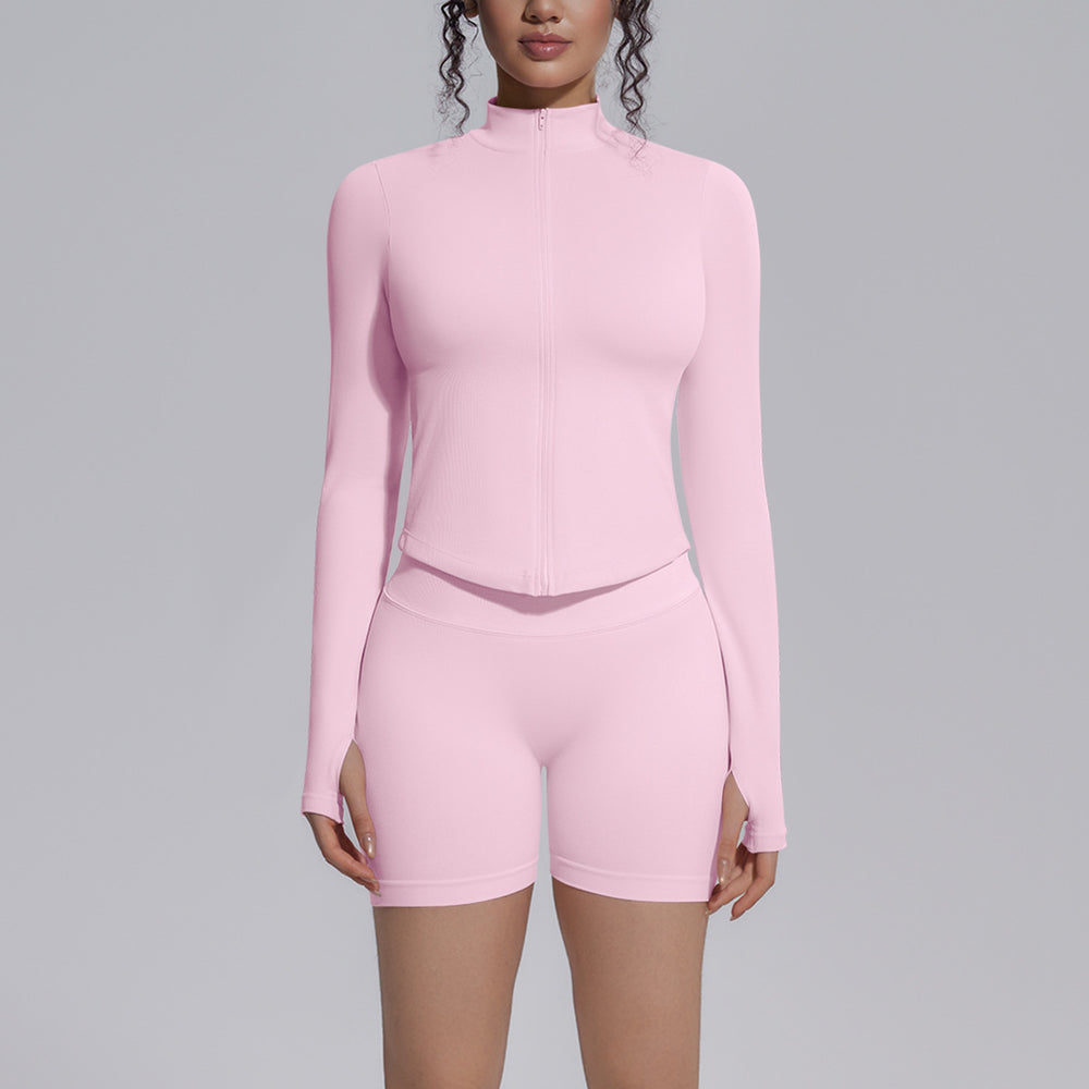 New zip-up jacket & quick-dry butt-lifting compression shorts activewear set - seamless knit running, fitness & yoga outfit for women