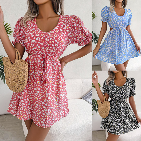 ins wind real shot 2022 spring and summer casual hollow lace-up short-sleeved floral dress, independent station  women's clothing